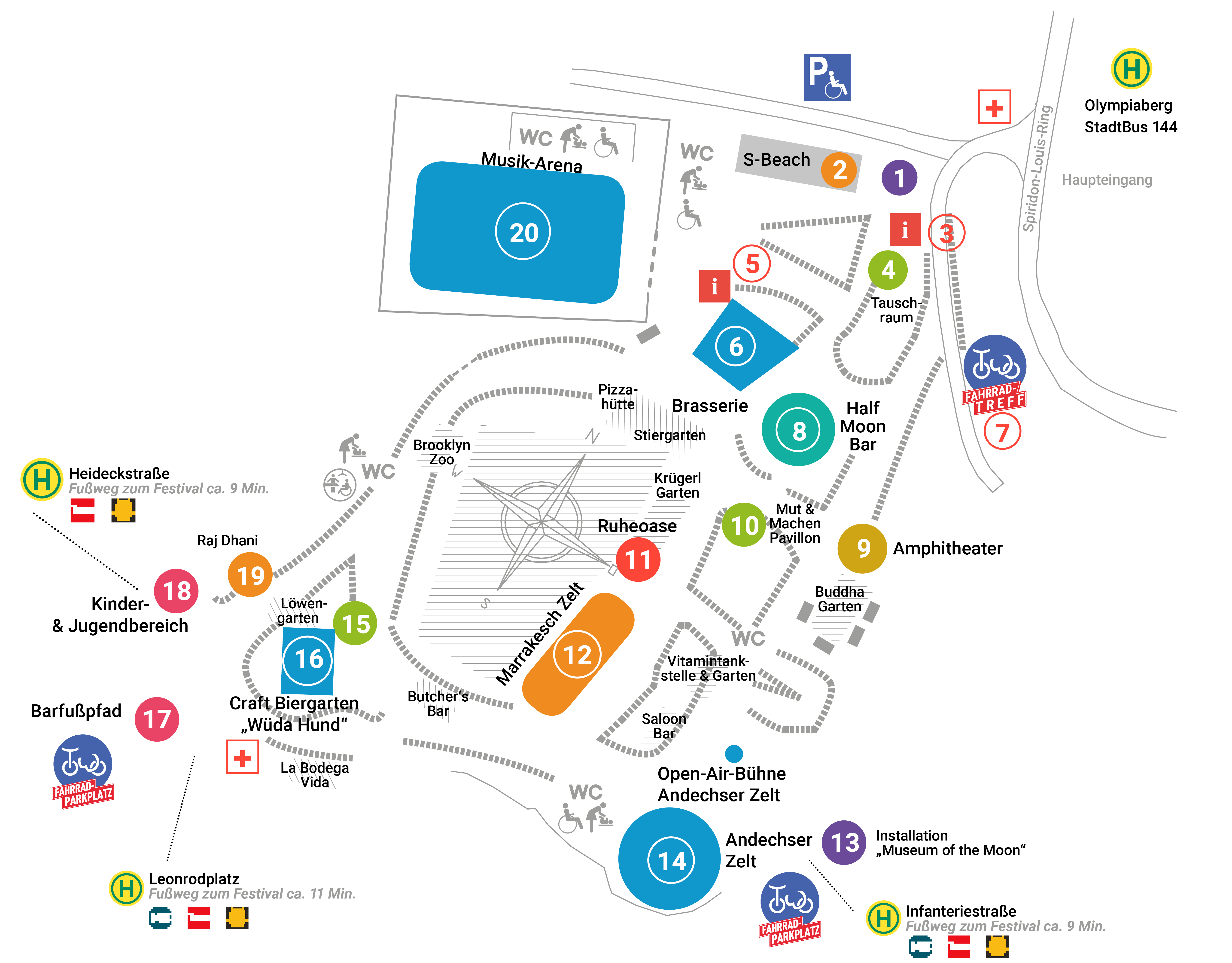 Geländeplan des Tollwood Sommerfestivals 2026 mit Musik-Arena im Olympiapark Süd